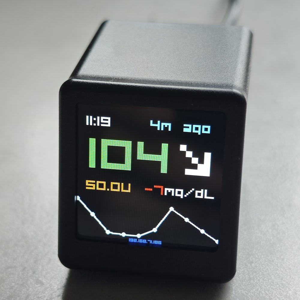 BGMate mini close-up, screen showing 104 mg/dL